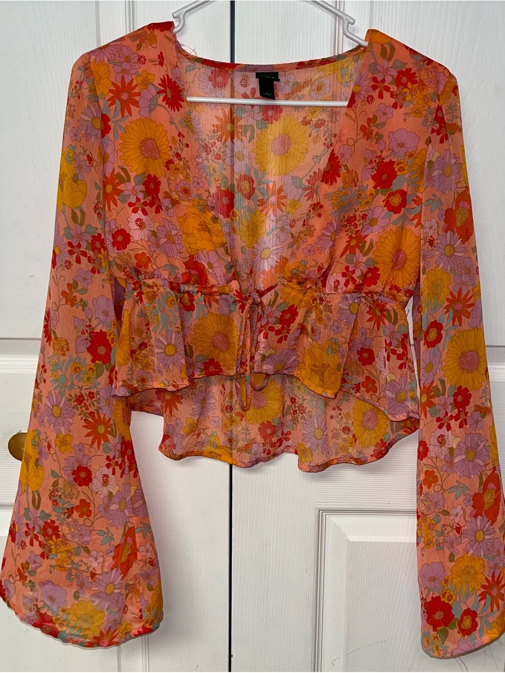 Sheer Floral Tie-Front Peplum Blouse